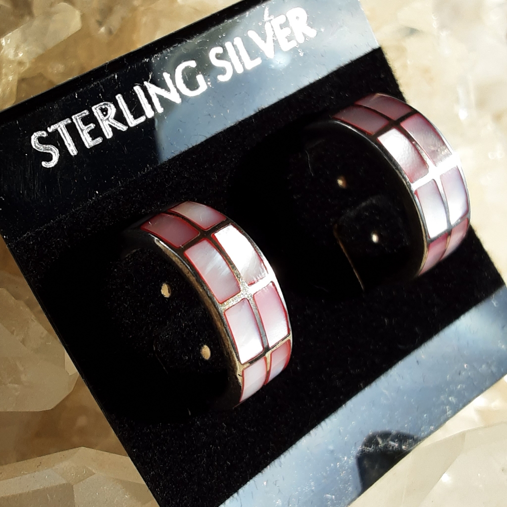 Sterling Silver With Pink Shell Inlay, Post Back, Stamped 925